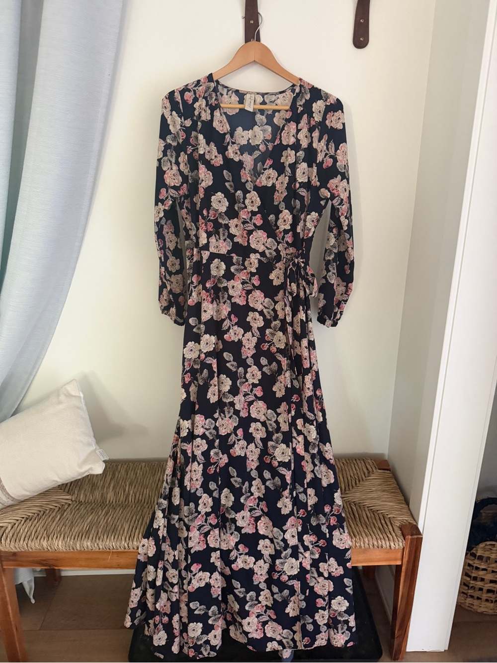 Allison Joy Navy Pink Floral Wrap Maxi Dress M